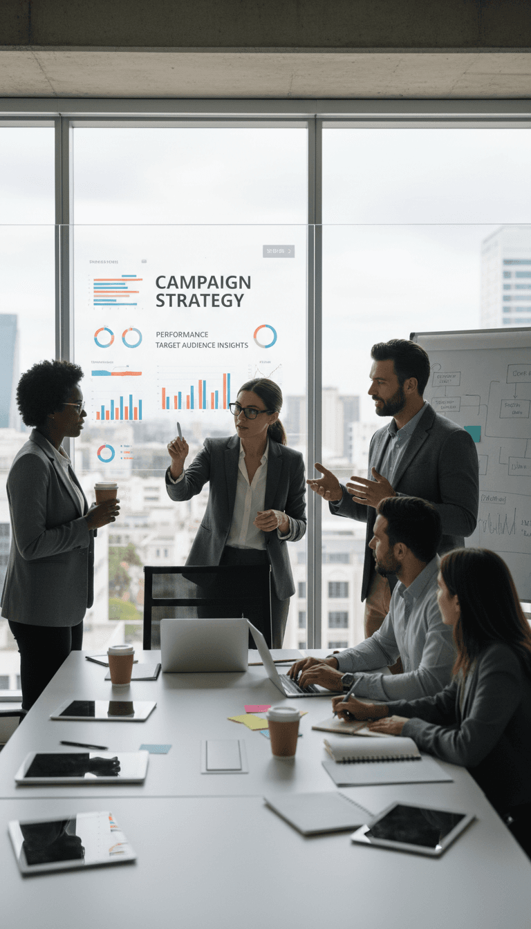 Equipo de marketing digital analizando estrategias y datos de campañas