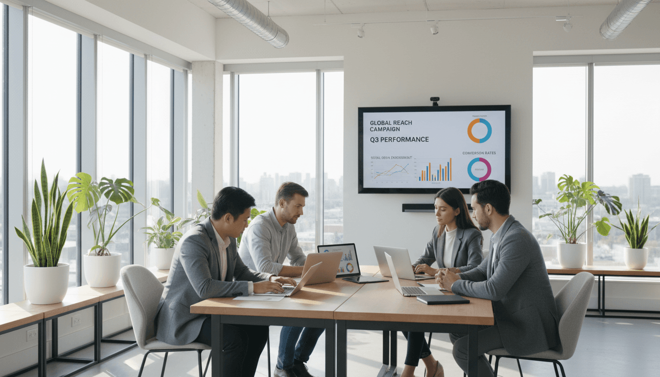 Equipo de marketing digital trabajando colaborativamente en una oficina moderna y luminosa