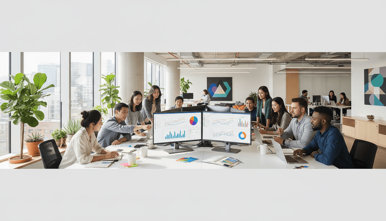 Equipo de marketing digital trabajando colaborativamente en oficina moderna con laptops y análisis de datos