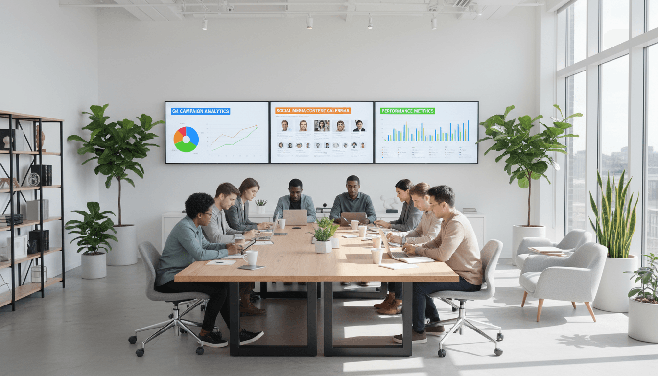 Espacio de trabajo moderno de agencia de marketing digital con datos y estrategia
