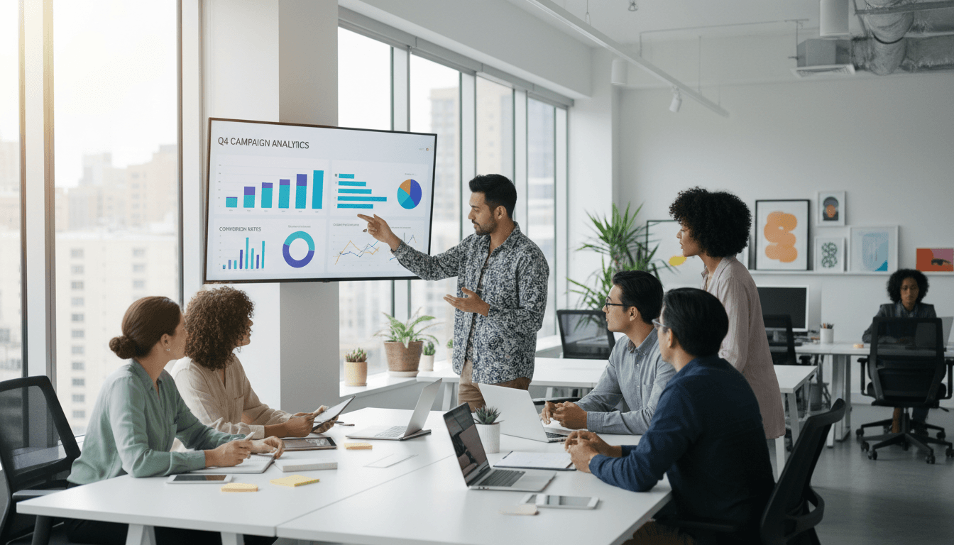 Equipo profesional de marketing digital trabajando en una oficina moderna con análisis de datos y gráficas
