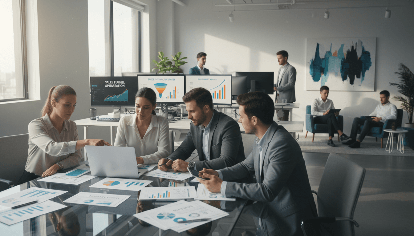 Equipo de marketing digital trabajando con análisis de datos y estrategias de crecimiento